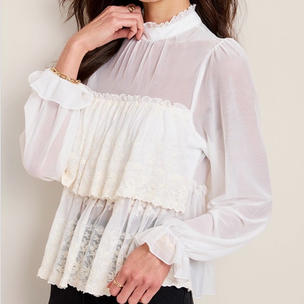 Francescas Arya Boho Lace Tiered Mock Neck Sheer Long Sleeve Blouse White Cream